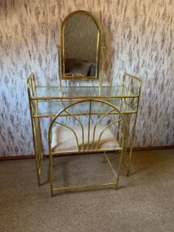 Coiffeuse vintage en laiton doré avec miroir et tabouret assorti, années 1950