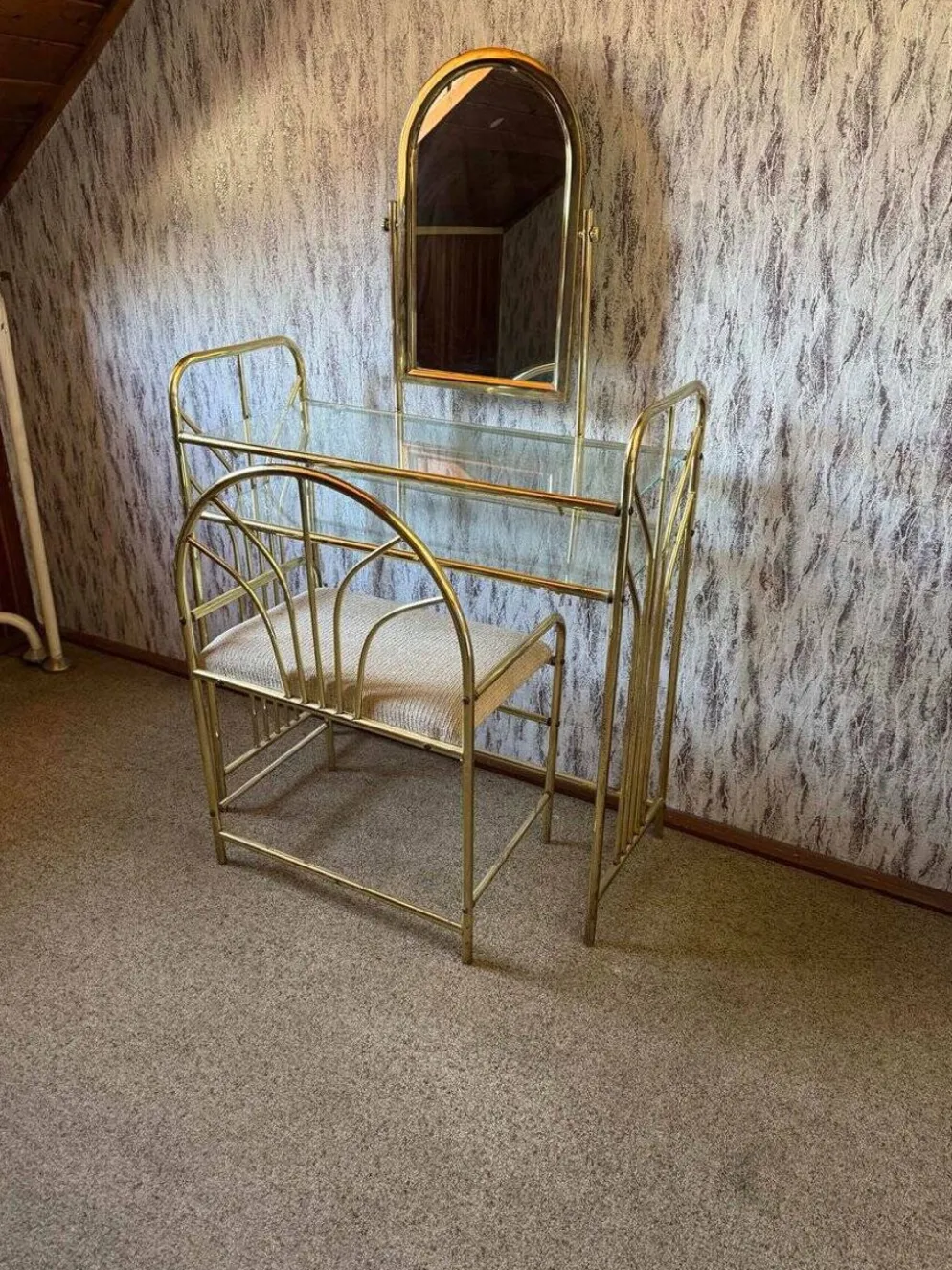 Coiffeuse vintage en laiton doré avec miroir et tabouret assorti, années 1950