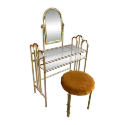 Coiffeuse vintage en laiton marron avec miroir et tabouret assorti, 1950s - set de 2