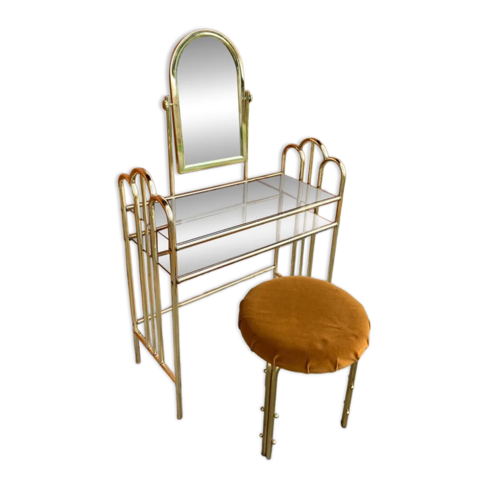 Coiffeuse vintage en laiton marron avec miroir et tabouret assorti, 1950s - set de 2