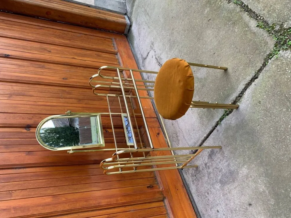 Coiffeuse vintage en laiton marron avec miroir et tabouret assorti, 1950s - set de 2
