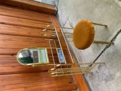 Coiffeuse vintage en laiton marron avec miroir et tabouret assorti, 1950s - set de 2