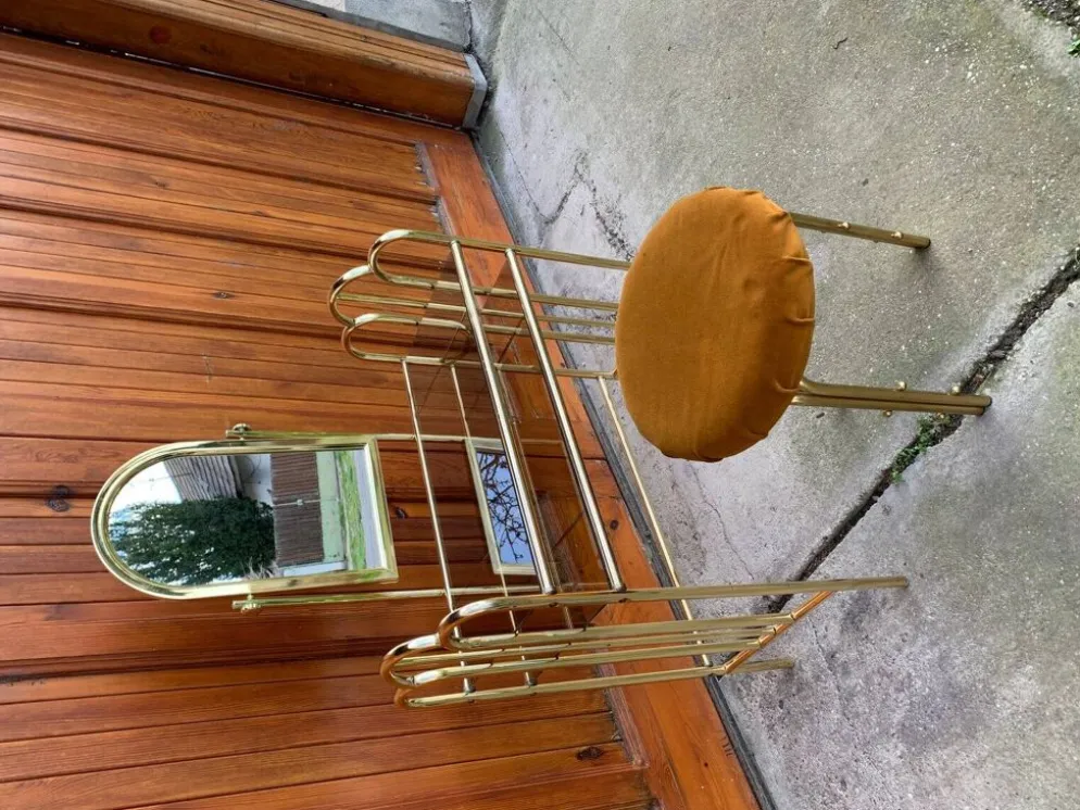 Coiffeuse vintage en laiton marron avec miroir et tabouret assorti, 1950s - set de 2