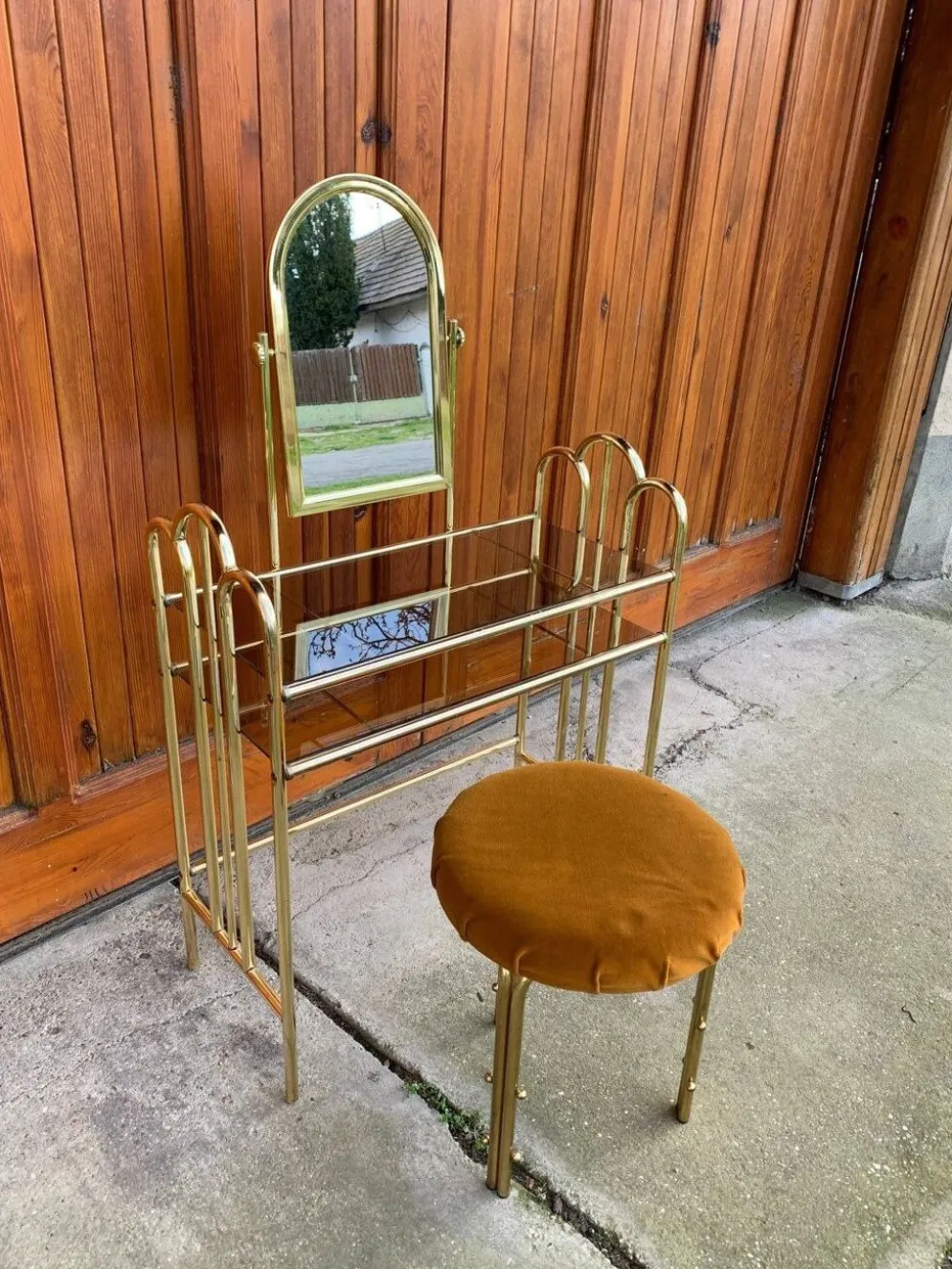 Coiffeuse vintage en laiton marron avec miroir et tabouret assorti, 1950s - set de 2