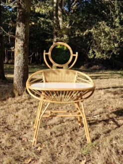 Coiffeuse vintage en rotin, années 60, miroir rond et dossier tressé