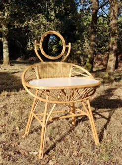 Coiffeuse vintage en rotin, années 60, miroir rond et dossier tressé