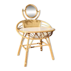 Coiffeuse vintage en rotin, années 60, miroir rond et dossier tressé