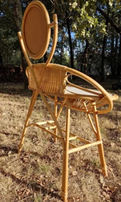 Coiffeuse vintage en rotin, années 60, miroir rond et dossier tressé