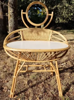 Coiffeuse vintage en rotin, années 60, miroir rond et dossier tressé