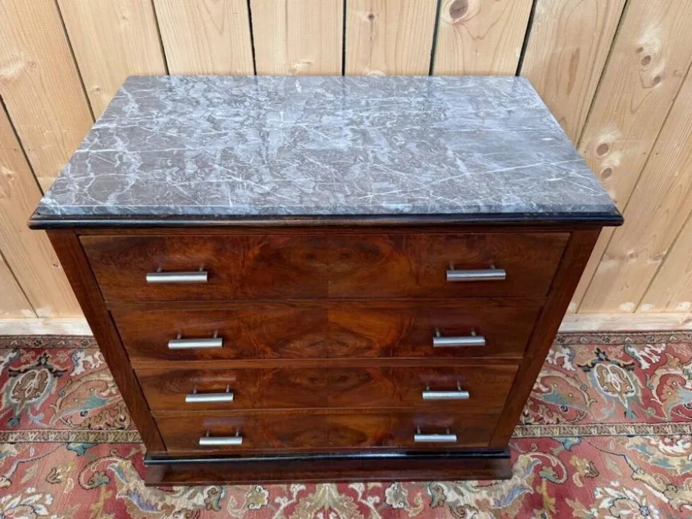 Commode Art Déco – Placage de noyer en ronce & marbre – Années 1930