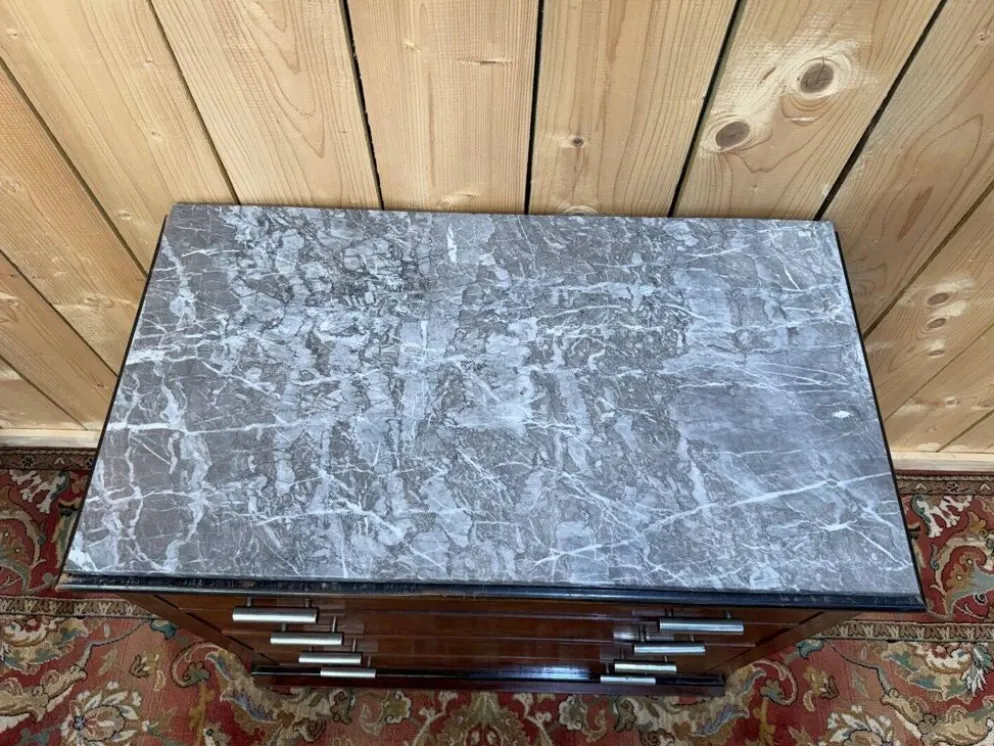 Commode Art Déco – Placage de noyer en ronce & marbre – Années 1930