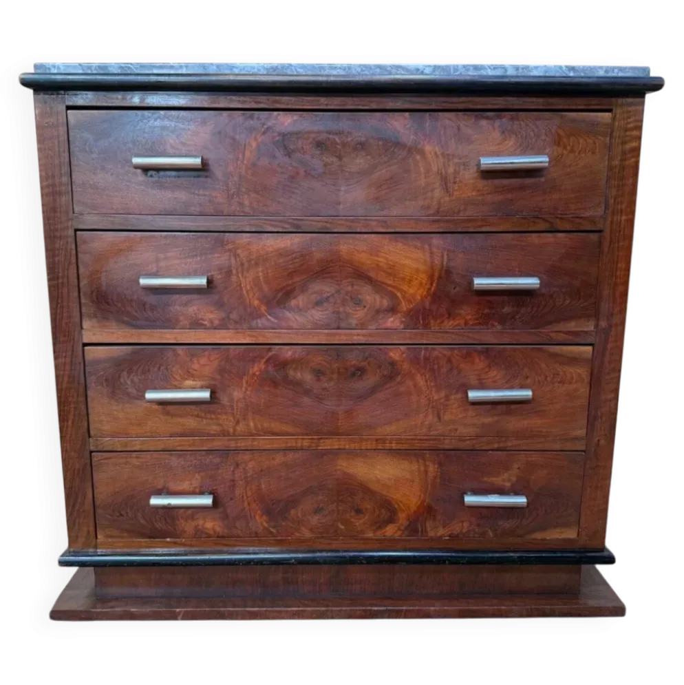 Commode Art Déco – Placage de noyer en ronce & marbre – Années 1930