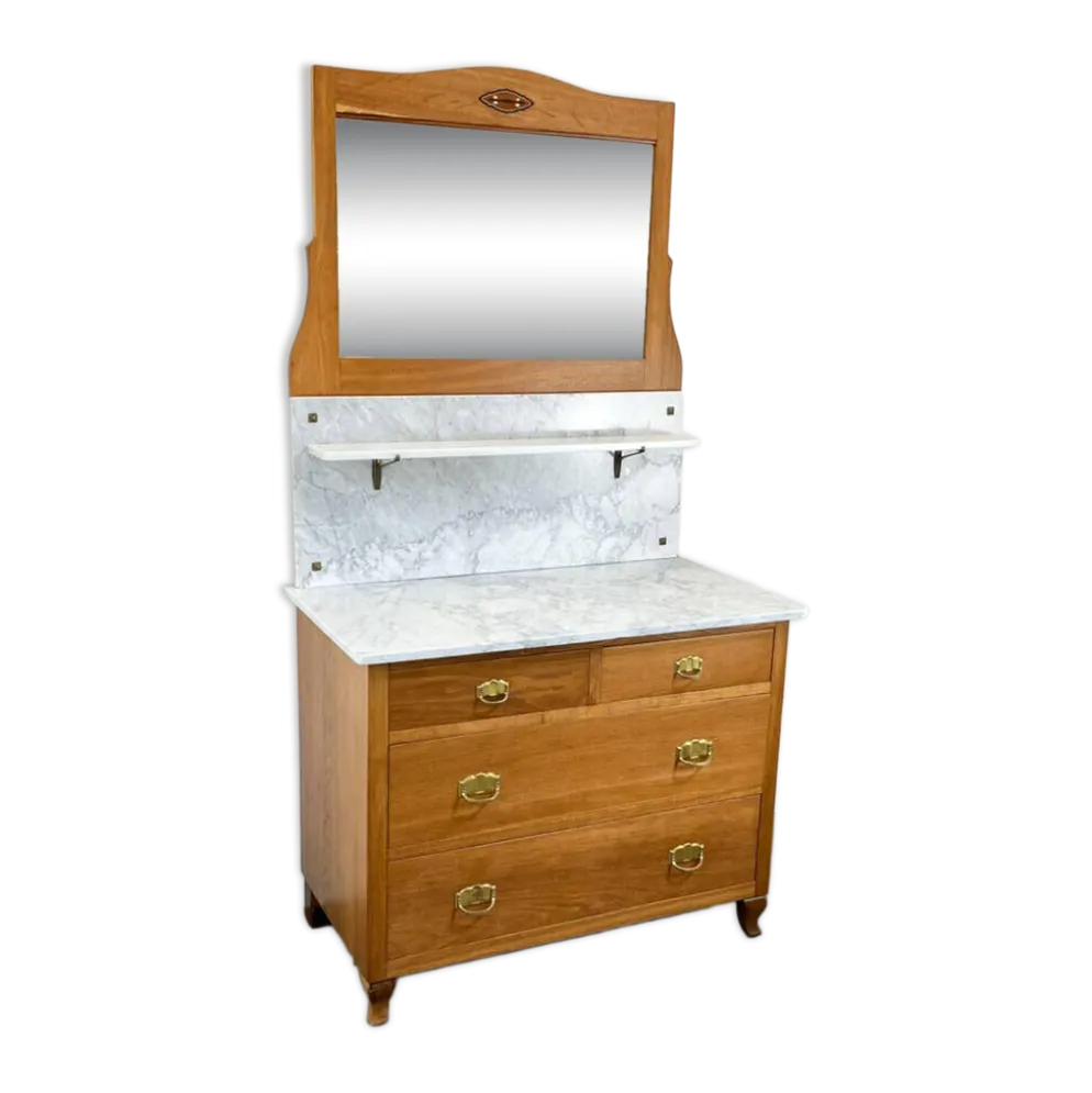 Commode Art nouveau, lavabo en marbre et miroir, chêne, années 1910