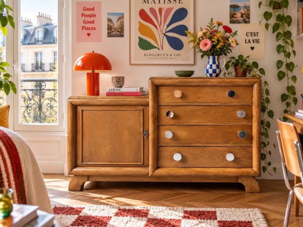 Commode asymétrique art déco chêne brut rénovée