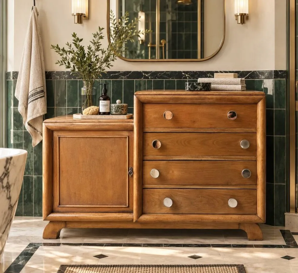 Commode asymétrique art déco chêne brut rénovée