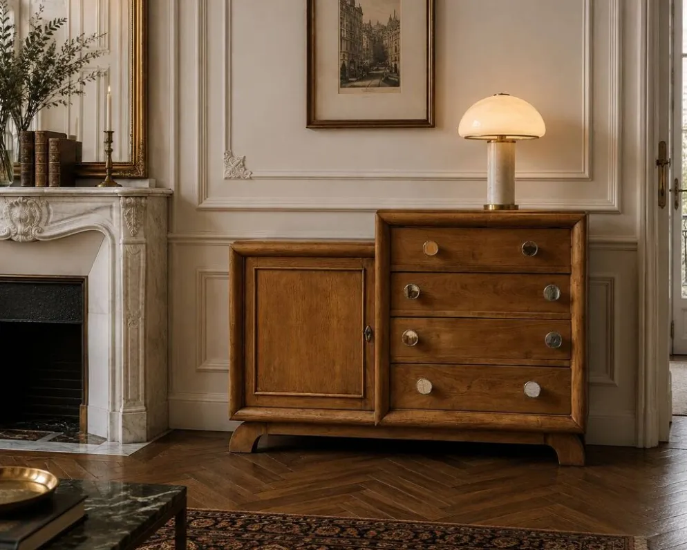 Commode asymétrique art déco chêne brut rénovée