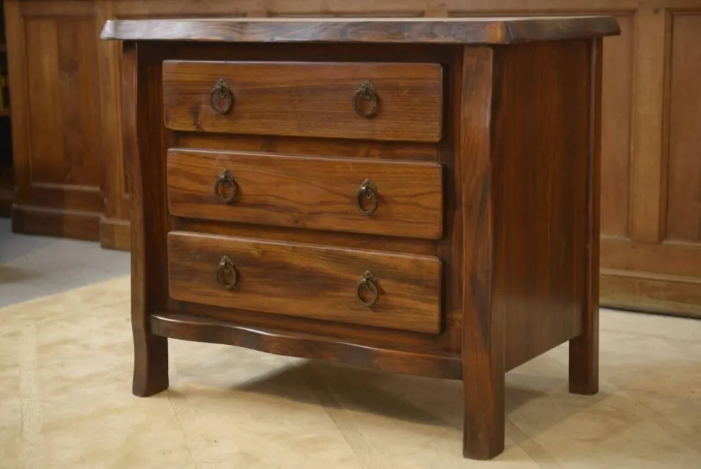 Commode brutaliste 3 tiroirs en orme par Aranjou, 1960