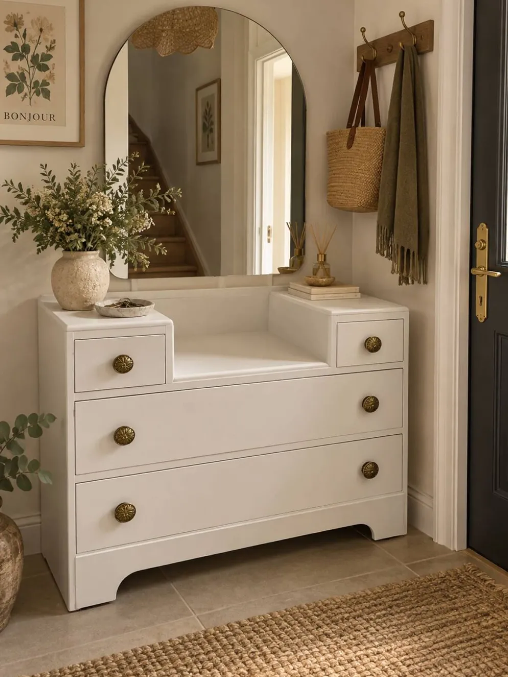 Commode buffet blanc asymétrique coiffeuse vintage