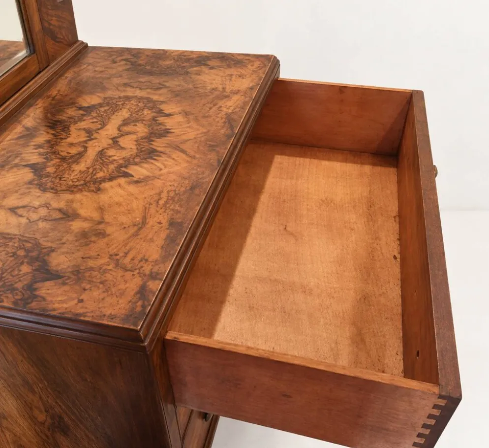 Commode-coiffeuse Art Déco en ronce de noyer et miroir psyché basculant