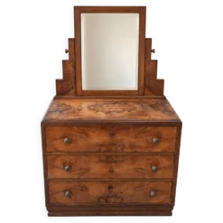 Commode-coiffeuse Art Déco en ronce de noyer et miroir psyché basculant
