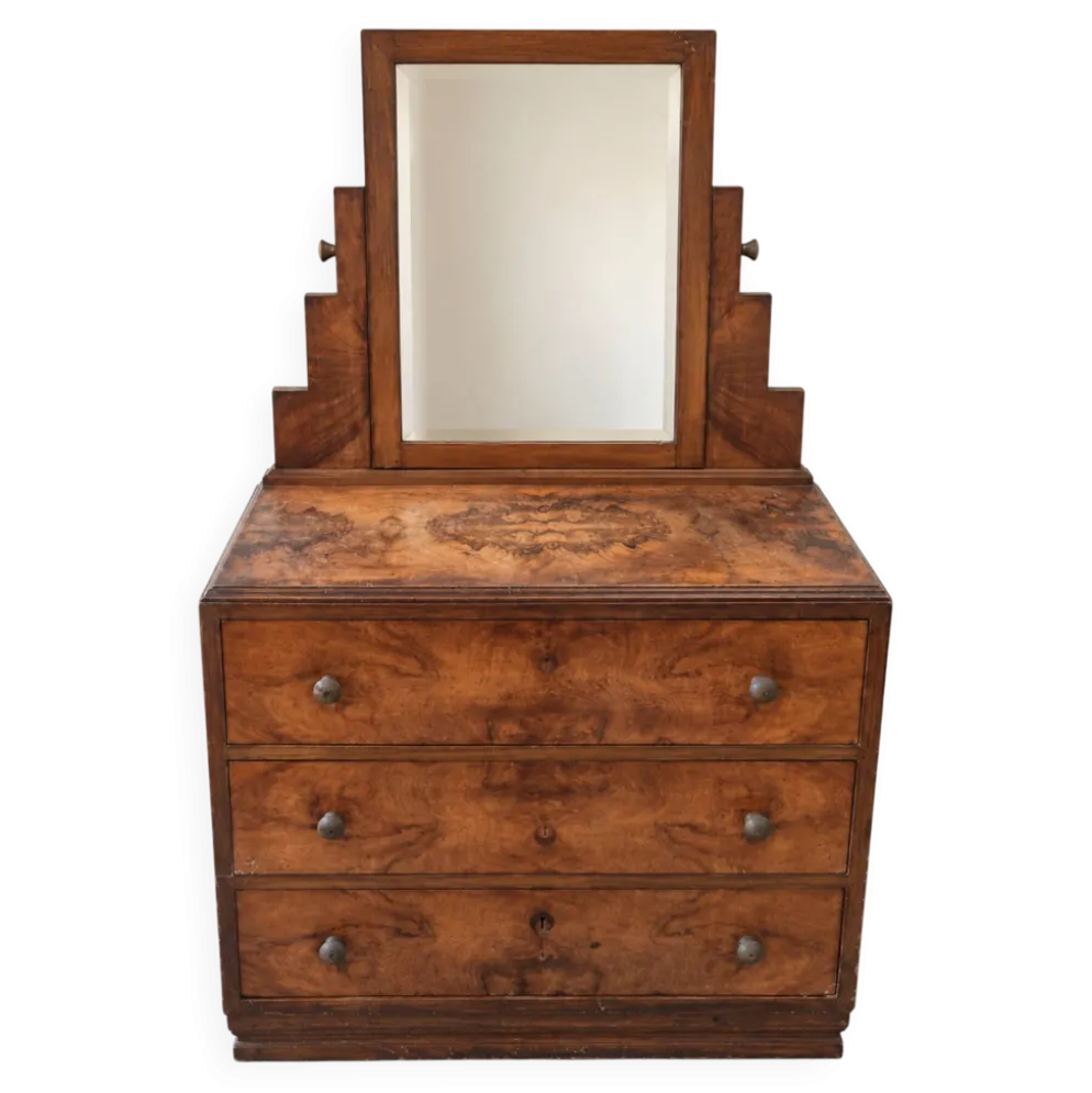 Commode-coiffeuse Art Déco en ronce de noyer et miroir psyché basculant