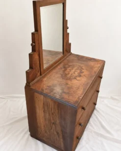 Commode-coiffeuse Art Déco en ronce de noyer et miroir psyché basculant