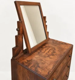 Commode-coiffeuse Art Déco en ronce de noyer et miroir psyché basculant