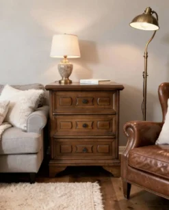 Commode de chevet vintage à trois tiroirs en bois mouluré style Louis XV