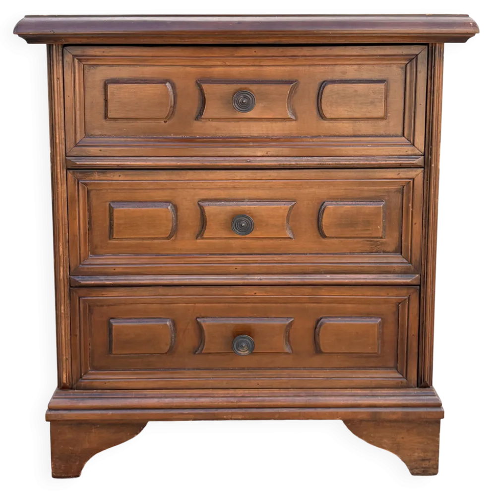 Commode de chevet vintage à trois tiroirs en bois mouluré style Louis XV