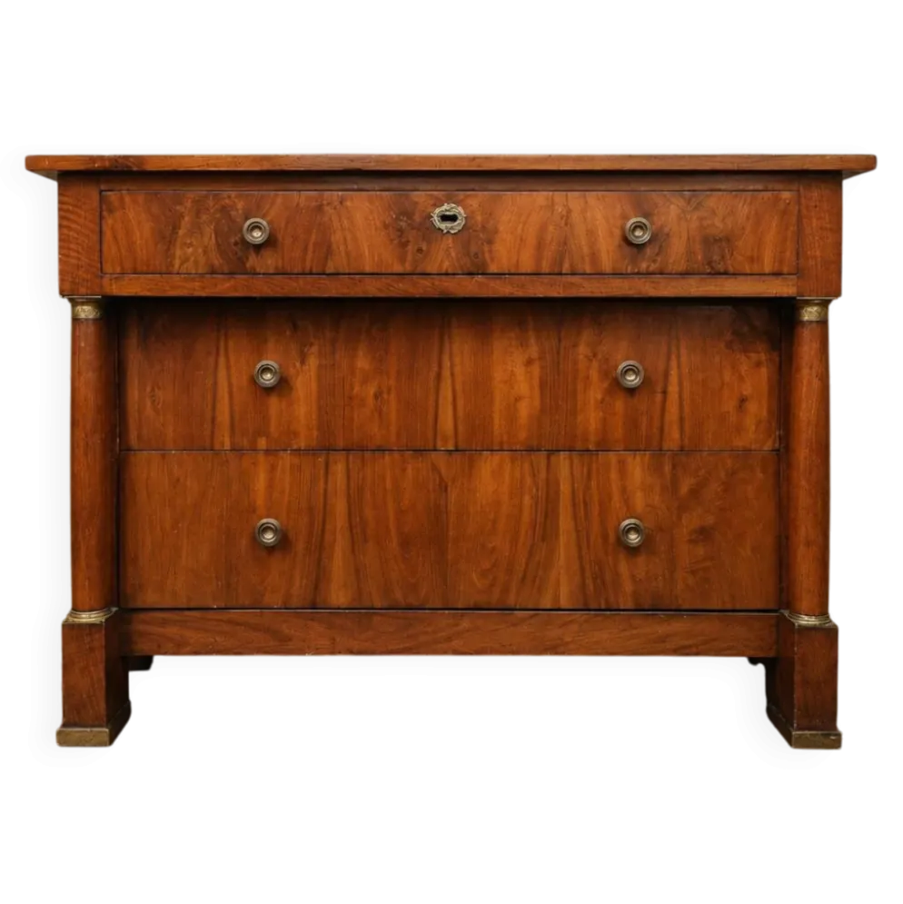 Commode d'époque Empire en noyer à colonnes détachées et bronzes dorés