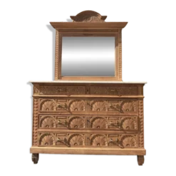 Commode en chêne massif avec plateau en marbre et miroir d’origine