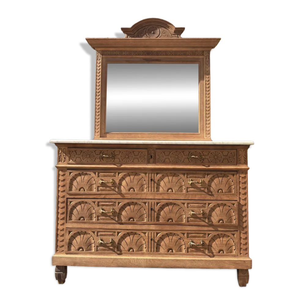 Commode en chêne massif avec plateau en marbre et miroir d’origine
