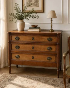 Commode en Noyer clair de style Louis XVI motifs cannelé trois tiroirs