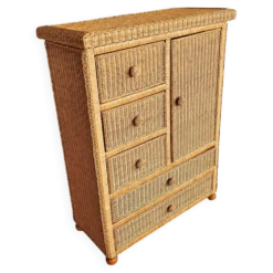 Commode en osier vintage / Tiroir dans un style côtier boho chic