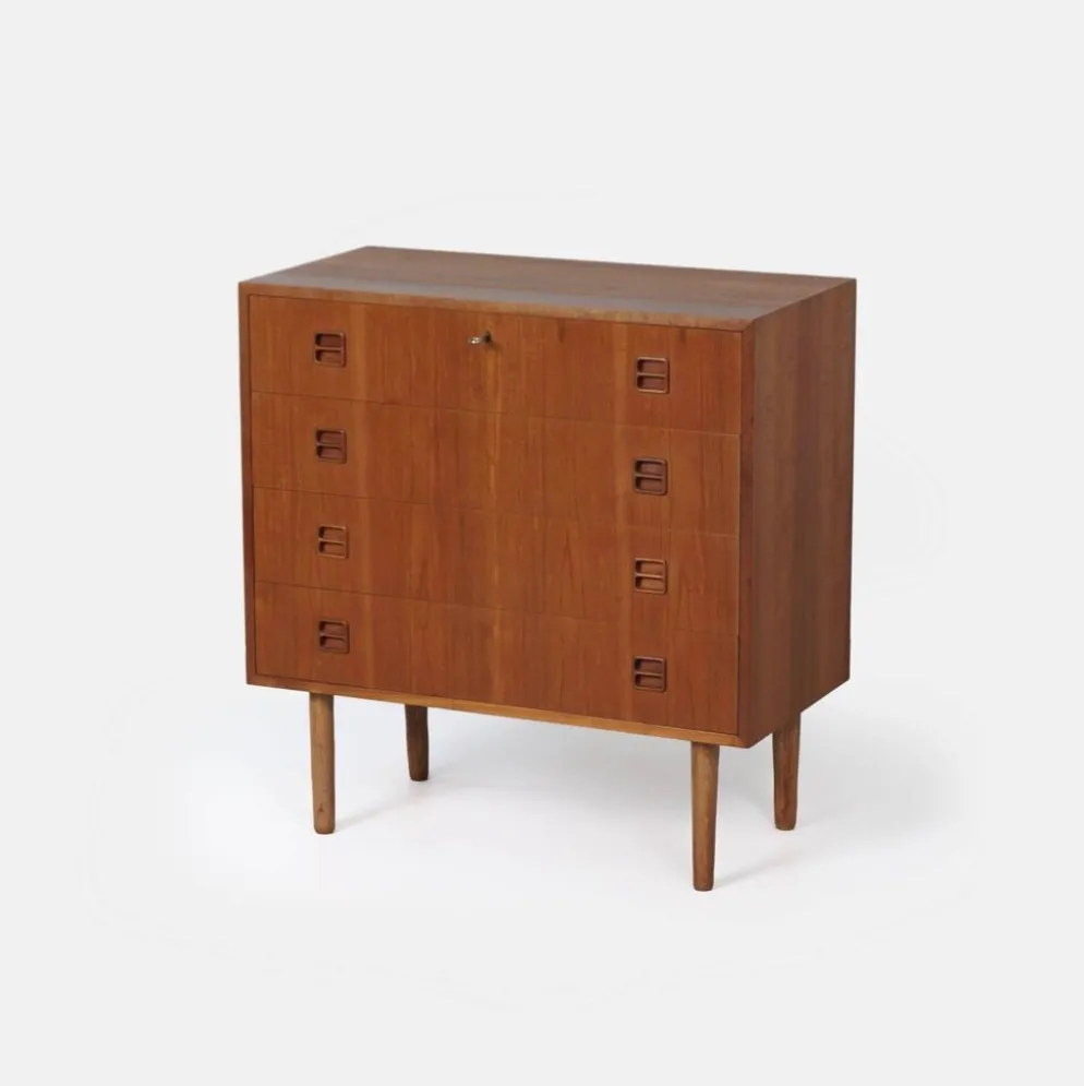 Commode en teck danois, années 1960 – 4 tiroirs, clé et poignées encastrées