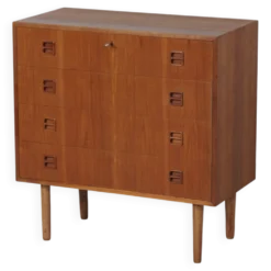 Commode en teck danois, années 1960 – 4 tiroirs, clé et poignées encastrées