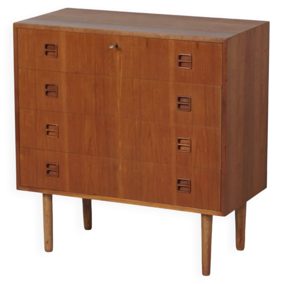 Commode en teck danois, années 1960 – 4 tiroirs, clé et poignées encastrées