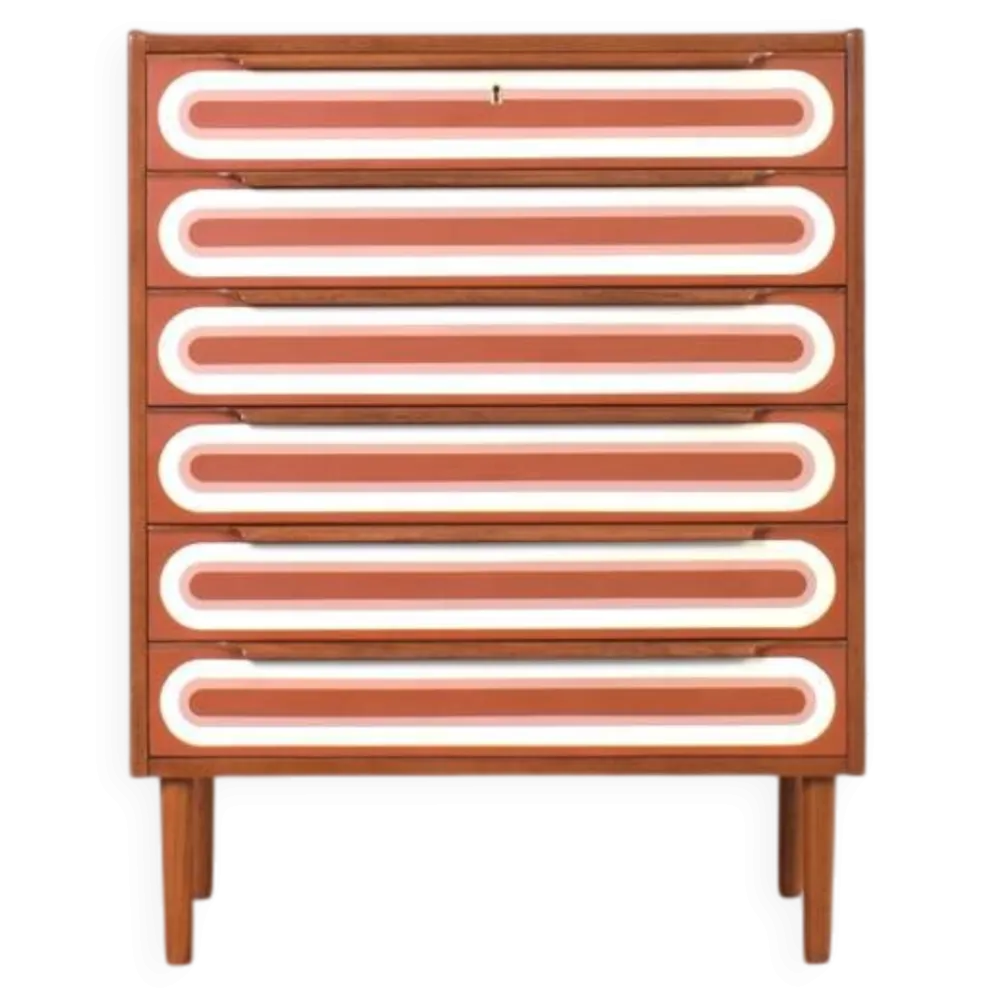 Commode en teck peinte à la main, style Op-Art des années 1960.