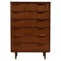 Commode en teck restaurée avec six tiroirs