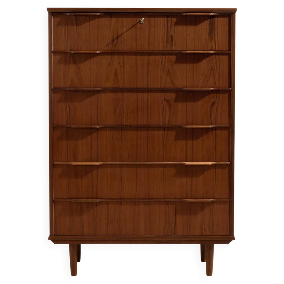 Commode en teck restaurée avec six tiroirs