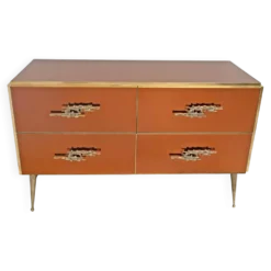 Commode en verre ambré avec détails en laiton, style mid-century modern