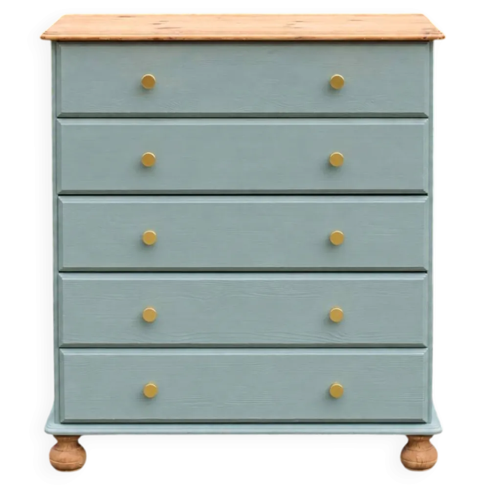 Commode haute en pin rénovée – 5 tiroirs – vert sauge, bois naturel