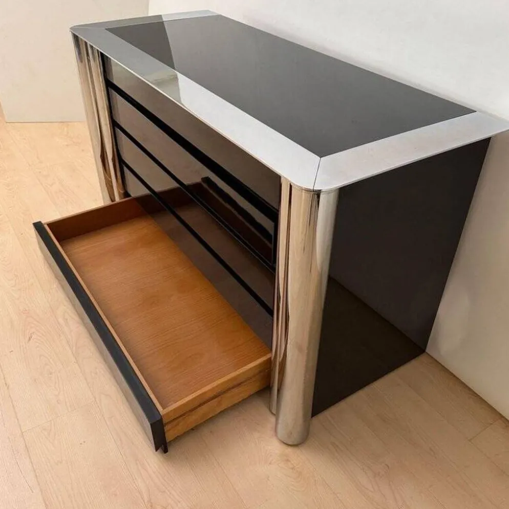 Commode laquée noire en chrome par A. Mosca pour Cinova, Italie, 1969