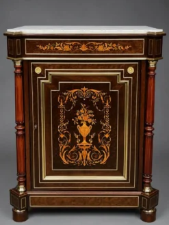 Commode élégante de style Napoléon III. Marqueterie en bois précieux. Bronze doré, dessus en marbre.