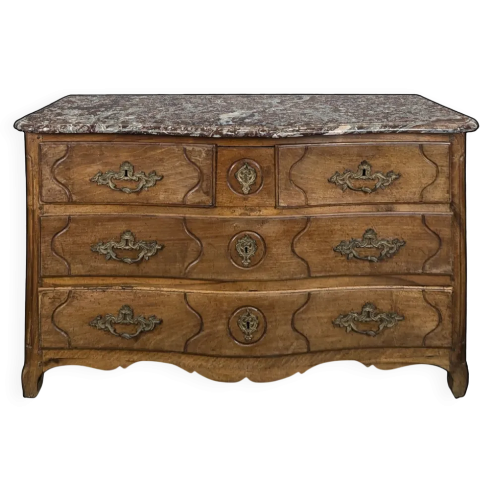 Commode Louis XV galbée en noyer dessus marbre XVIIIe