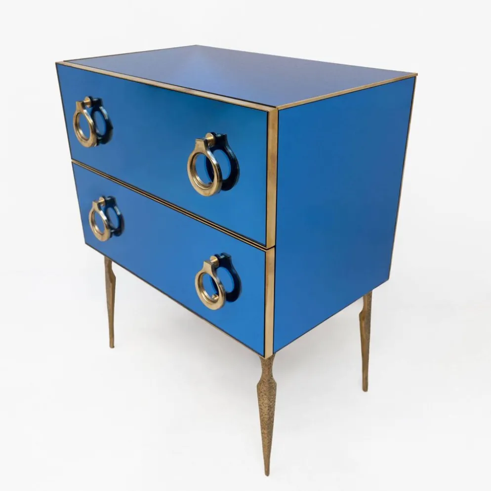 Commode Miroir Bleue avec Détails en Laiton, Style Mid-Century Modern
