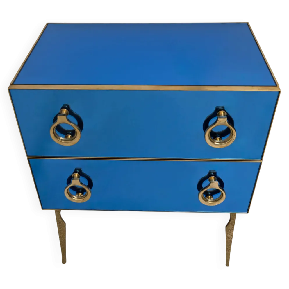 Commode Miroir Bleue avec Détails en Laiton, Style Mid-Century Modern