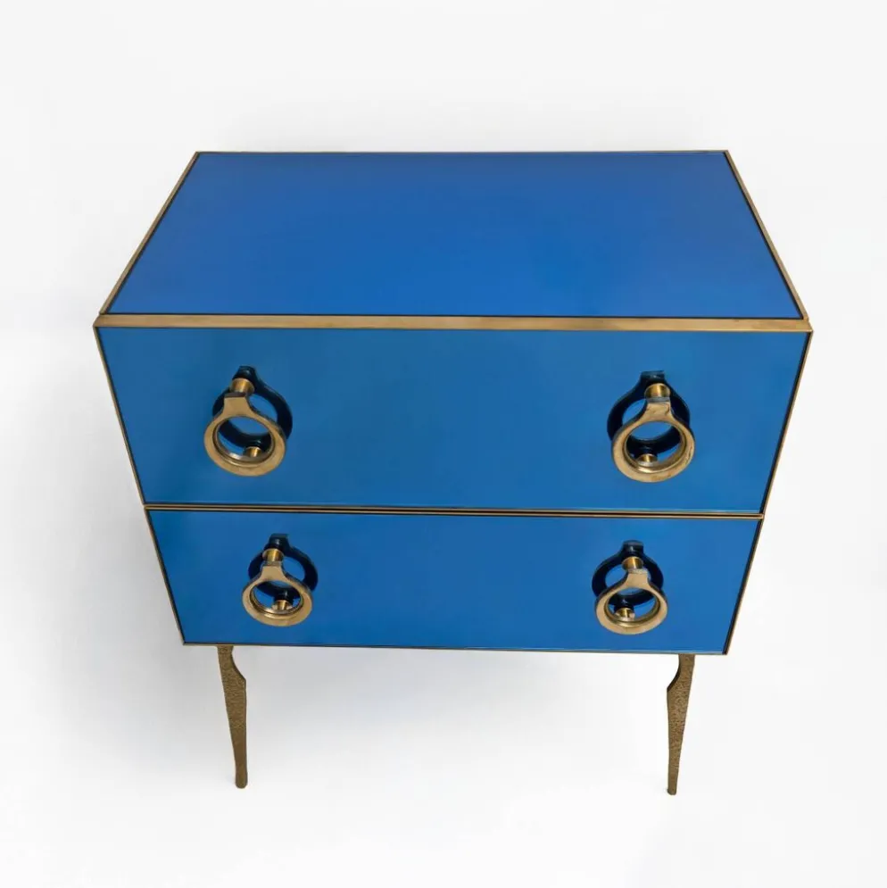 Commode Miroir Bleue avec Détails en Laiton, Style Mid-Century Modern