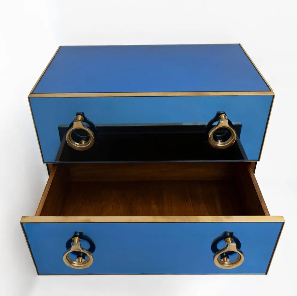 Commode Miroir Bleue avec Détails en Laiton, Style Mid-Century Modern