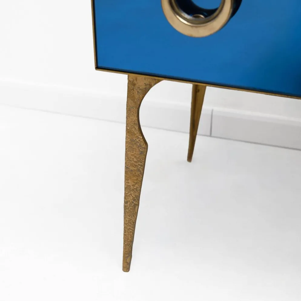 Commode Miroir Bleue avec Détails en Laiton, Style Mid-Century Modern